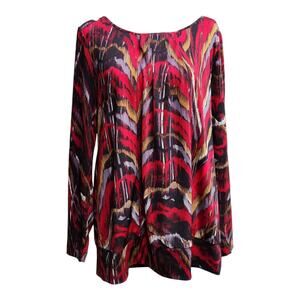 Dana Buchman Size Large Blouse Red Black Graphic Print Long Sleeve